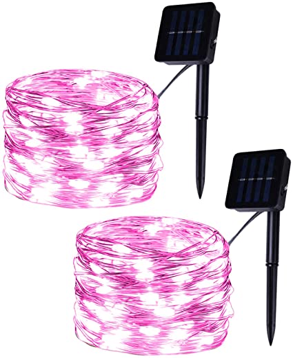 Set of 2 Solar Powered 100-LED String Lights, Pink Copper Wire Fairy Lights, Solar Garden Lights for Outdoor, Wedding Decoration