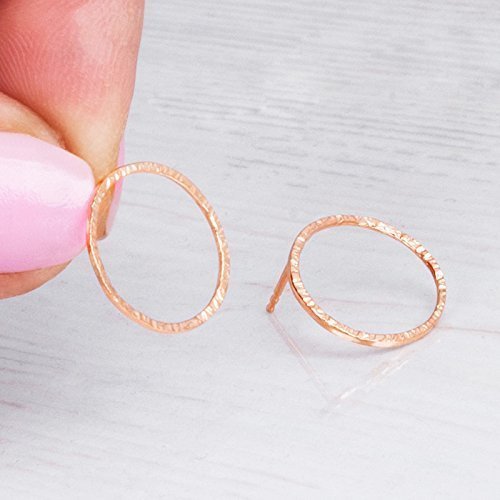 Small Delicate Rose Gold Hammered Circle Stud Earrings - Designer Handmade Minimal Thin Karma Posts