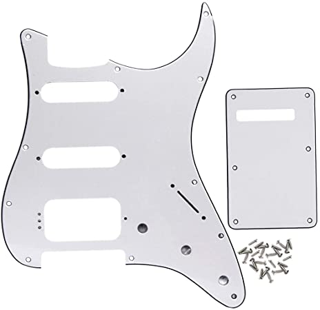 FLEOR 3Ply White 11 Hole Round Corner Strat HSS Pickguard Guitar BackPlate Set Fit USA/Mexican Stratocaster 4-screw Humbucking Mounting Open Pickup