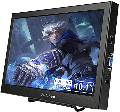 Portable Monitor Pisichen 10.1 inch Ultra HD 1366x768 IPS LCD/LED Portable Display Inputs HDMI VGA, Audio Input, Speaker Built-in, Metal Case Black