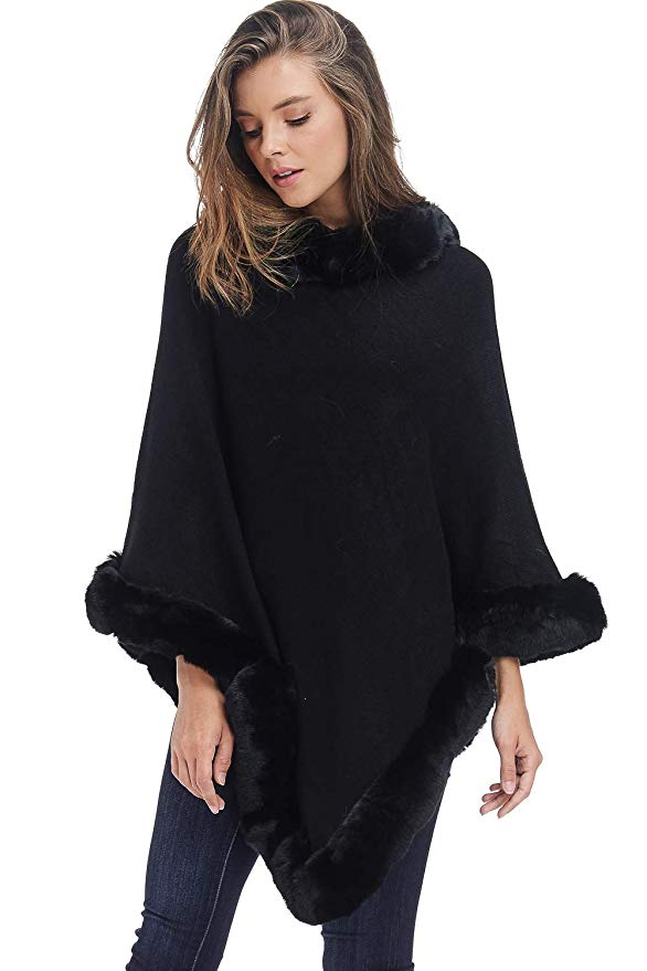 Womens Faux Fur Sweater Poncho - Cape Winter Luxe Trim Shawl
