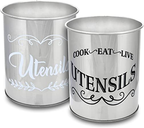 Rustic Kitchen Utensil Holders for Countertop Tool Storage, Set of 2, Decorative Farmhouse Home Decor, Stainless Steel Canisters, Versatile Cutlery Caddy (Stainless Steel)