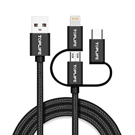 Multi Cable USB 3.0 Type C Charging, 3 in 1 Fast Charger Cord High Speed Micro USB Cable Nylon Braided for Android Phones, Black