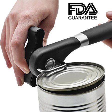 Food-Safe Stainless Steel Manual Professional Smooth Edge Safety Can Opener with Easy Turn Knob, Soft Comfortable Ergonomically Designed Anti Slip Grips Handle - Black