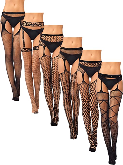 6 Pairs Women Suspender Pantyhose Stockings Valentine's Day Fishnet Tights Stretchy High Stockings for Dress up Favors