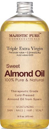 Majestic Pure Sweet Almond Oil, Super Triple A Grade Quality, 100% Pure and Natural from Spain, Cold Pressed , 16 fl oz.
