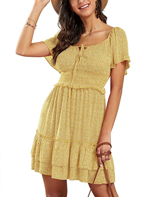 imesrun Womens Summer Ruffle Dress Square Neck Printed Short Sleeve Casual Mini Sun Dresses