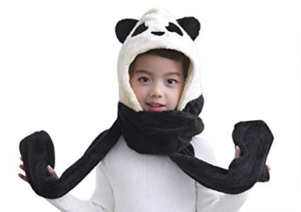 Kids Teens Girls 3 in 1 Warm Plush Fluffy Cartoon Winter Hats Scarf Mitten Gloves with Pockets Hoodie Cap Costume Gift