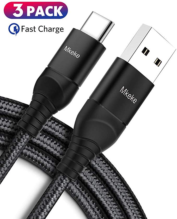 Type C Cable Fast Charging, Mkeke USB C Cable, [3 Pack] USB A to Type C Charger Compatible with Samsung Galaxy S10 S9 S8 and Other USB-C Devices(Black)