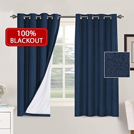 100% Blackout Linen Look Waterproof Navy Curtains for Bedroom Blackout Drapes 63 inches Long Grommet Window Treatment Curtain Draperies, 2 Panels