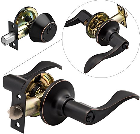 Berlin Modisch Entrance Lever Door Handle (for office and front door) Reversible for right and left side and a single cylinder deadbolt set Keyed Alike - combo pack