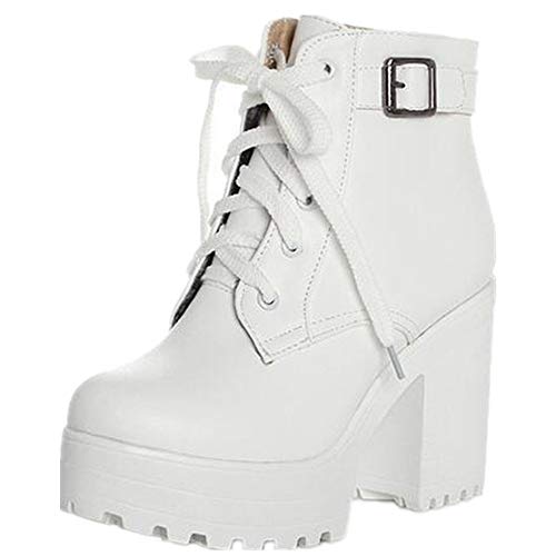 HAPPYLIVE SHOPPING Women's Winter Fashion Waterproof Platform Combat Ankle-High High-Heel Chunky Boots, Lace-up Martin Boots