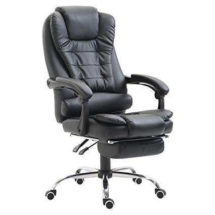 HomCom Reclining PU Leather Executive Home Office Chair with Footrest - Black
