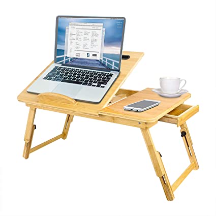 TAEERY Laptop Bed Tray Table,Multi Tasking Bamboo Lap Desk for Writing Reading Eating,Portable Laptop Table Foldable Leg Storage Drawer for Sofa Couch