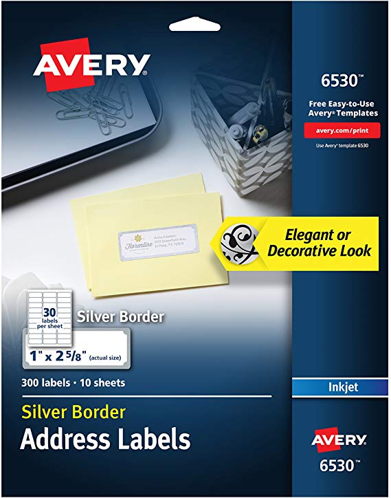 Avery Address Labels with Silver Border for Inkjet Printers, 1" x 2-5/8", 300 Labels (6530)