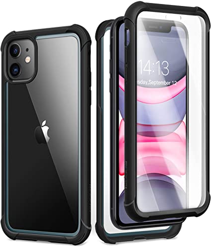 MOBOSI Epoch Series iPhone 11 Case 2019, [Built-in Tempered Glass Screen Protector] Full Body Rugged Clear Protective Phone Case Shockproof Cover for iPhone 11 6.1 Inch (Black)