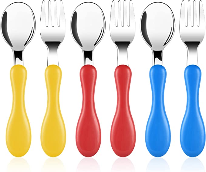 Vicloon Baby Fork and Spoon, 6 Pcs Toddler Utensils Stainless Steel Baby Forks and Spoons, Childrens Safe Flatware, with Round Handle, Baby Feeding Cutlery, Dishwasher Safe (Yellow red Blue)