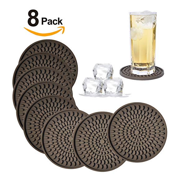 Silicone Drink Coasters Set of 8-Deep Tray,Large 4.3 inches Size Protect Table Desk From Drinks, Beverage,Water or Alcohol Like Whiskey, Beer, Wine,Tropical Cocktails by Kindgal (8, Brown-Oval)