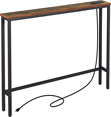 ELYKEN 5.9" Narrow Console Sofa Table with Power Outlets and USB Port, 39.4” L x 5.9" W x 31.1" H Long Behind Couch Table with Metal Frame and 6.5’ Extension Cord, Rustic Brown