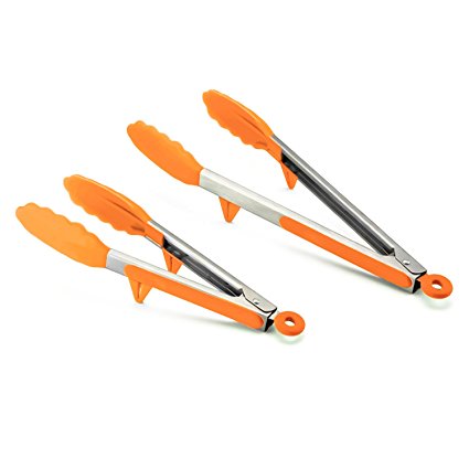 SimplexSilicone 2 Pack Premium Non-Stick Silicone Tongs with Elevated Stand - Stainless Steel with Silicone Heat Resistant Barbecue (BBQ) Tongs - Meat - Salad - 12" and 9" Tongs Set (Sunset Orange)