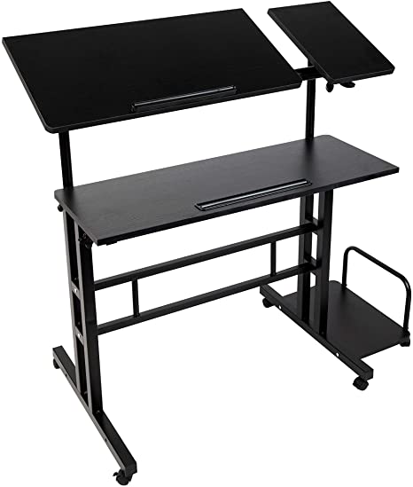 Mind Reader Mobile Sitting, Standing Desk Rolling Reversible Home Office Laptop Workstation with Side Storage, Locking Wheels, X-Large, Black