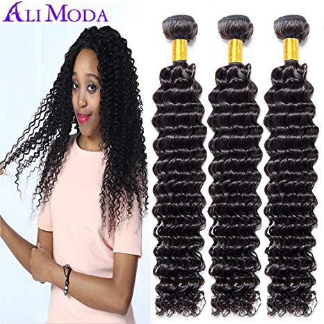 Ali Moda Brazilian Ear To Ear 13X4 deep wave lace frontal with 3 bundles 100% Unprocessed Human Hair with bundles and frontal Natural Color (16 18 20+14)