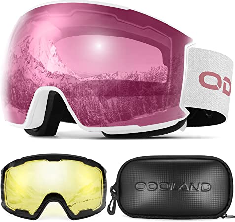 Odoland Ski Goggles Set with Magnetic Interchangeable Lens, Anti-Fog UV Protection Snowboard Snow Goggles for Men Women