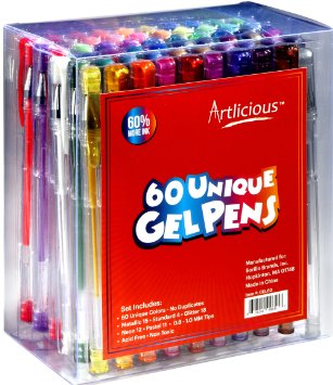 Artlicious - DELUXE 60 Unique Gel Pens Set - No Duplicates - 60% More Ink Than Other Brands - Non Toxic & Acid Free - Ideal for Coloring Books