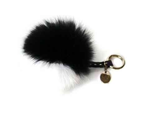AURORA168 Black White Combo Fluffy Fox Fur Pom Poms Ball Handmade Home Car Keyring Keychain Bag Purse Charm Leather Strap Gold Ring, Large