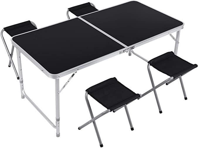 GARTIO 4FT Aluminum Folding Table, Fold-in-Half, Height Adjustable Portable Lightweight Camping Beach Dining Utility Desk, with Handles and 4 Chairs, for Indoor Outdoor Garden Picnic Party, Black