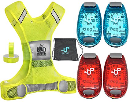 LED Safety Light and Reflective Vest Sets (4-Pack with Clip and 4 BONUSES), The Running Light, Running Vest suitable for Jogging, Cycling, Biking, Dog Walking, Strobe Light, Waterproof, By JQP Sports