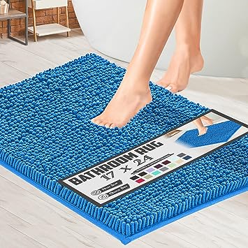 Soft Plush Chenille Bathroom Rug, Absorbent Microfiber Bath Mat, Machine Washable, Non-Slip Grip, Quick-Dry, Thick Shag Carpet Great for Bath, Shower Floor, Bedroom, or Door Mat (Parisian Blue, 17x24)