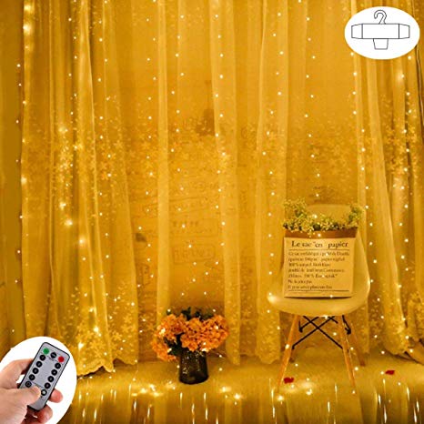 Copper Wire Curtain Window Led Fairy Lights String Outdoor Waterproof with Remote,Warm White,Timer,Dimmable,8 Modes,6.6ft*6.6ft 200Leds, for Bedroom Christmas Holiday Wedding Party Birthday Porch Camping Decoration