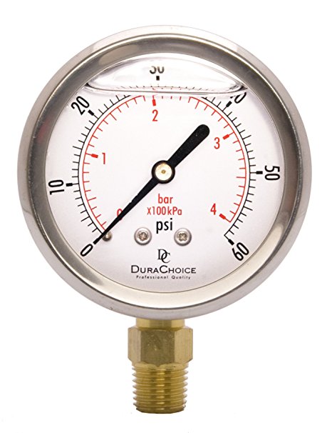 2-1/2" Oil Filled Pressure Gauge - Stainless Steel Case, Brass, 1/4" NPT, Lower Mount Connection 0-60PSI
