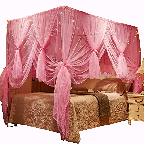 Nattey 4 Corners Post Canopy Bed Curtain for Girls Boys & Adults - 4 Opening - Bedroom Decoration (Twin, Pink)