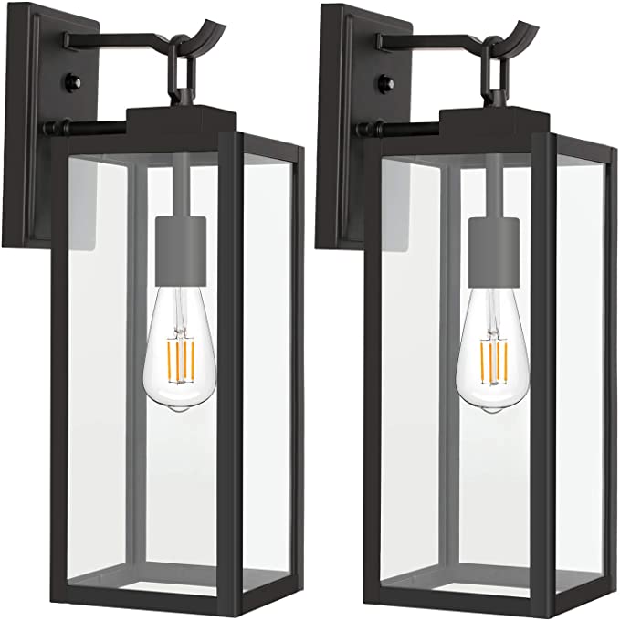 Outdoor Wall Lantern with Dusk to Dawn Photocell, Matte Black Porch Lights Exterior Wall Lighting, Architectural Outdoor Sconces with Clear Glass Shade for Entryway, Doorway, ETL Listed, 2 Pack