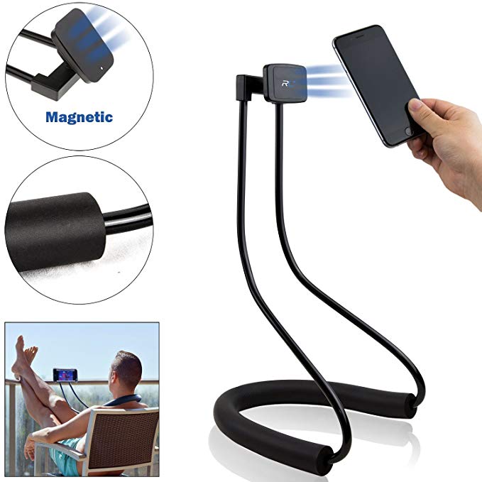 Lazy Neck Phone Holder - Flexible Gooseneck Cell Phone & Tablet Bracket with Magnets/Magnetic Mount - for Table & Bed Use - Universal Stand for Mobile Device - Samsung Iphone Ipad Fire Kindle