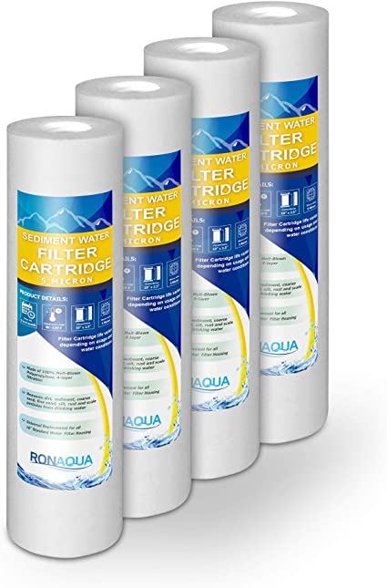 Ronaqua Sediment Water Filter Cartridge 10"x 2.5", Four Layers of Filtration, Removes Sand, Dirt, Silt, Rust, Made from Polypropylene (4 Pack, 5 Microns)