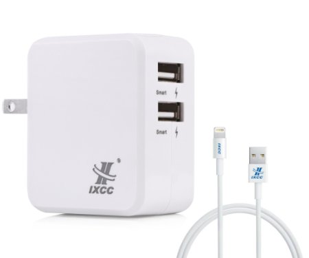 UL Certified iXCC Dual USB 3.4A 17W Smart AC Travel Wall Charger Bundle with 8-Pin Lightning Cable (Apple MFi Certified) for Apple Devices - White