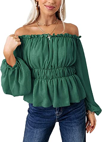 MASCOMODA Women's Off The Shoulder Tops Lantern Long Sleeve Solid Color Chiffon Smocked Ruffle Blouse Shirts Peplum Tops