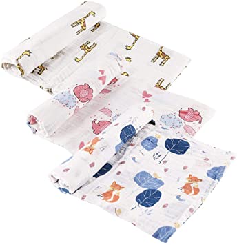 Lawei 3 Pack Swaddle Blanket Baby Muslin Blankets Wrap Soft Cotton Super Soft Touch for Newborn Nursing Cover, 120 x 120 cm - Giraffe/ Elephant/ Fox