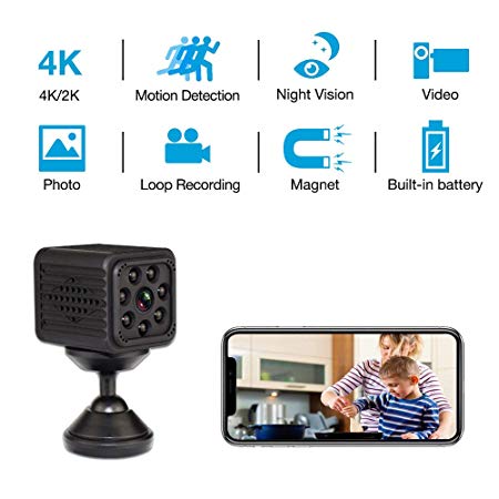 4K Mini Camera WiFi Wireless 2019 Newest Spy Camera with Seven Level Motion Detection Sensitivity,Password Protection and Automatically Turn on/off IR Light Function for Home via iPhone/Android Hidden Camera