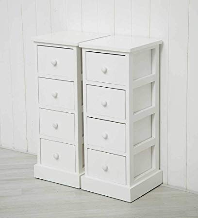 Other Pair of Tall White Wooden Four Drawer Cabinets Bedside Tables Tallboy Unit Storage