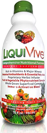 LiquiVive Liquid Vitamins Vegetarian Dietary Mega Supplement | Daily Multivitamin Superfood Immune Support Immunity Booster | with Vitamin C D3 A B12 E K | 99.9% Vegan Non-GMO Gluten Free 32 fl oz