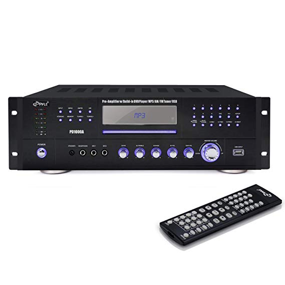 4 Channel Pre Amplifier Receiver - 1000 Watt Compact Rack Mount Home Theater Stereo Surround Sound Preamp Receiver W/Audio/Video System, CD/DVD Player, AM/FM Radio, MP3/USB Reader - Pyle PD1000A.5