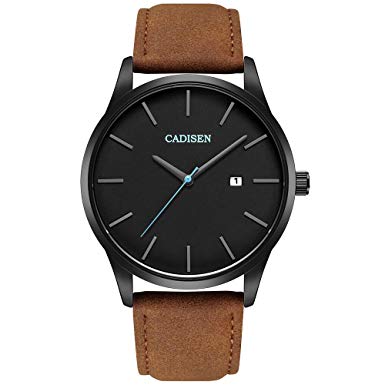 CADISEN Classic Watch for Men Brown Leather Strap Black Dial Waterproof, Pointer Color: Gunmetal and Blue