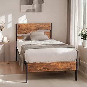 VECELO Twin Bed Frame with Wood Headboard, Solid and Strong Metal Support, No Box Spring Needed