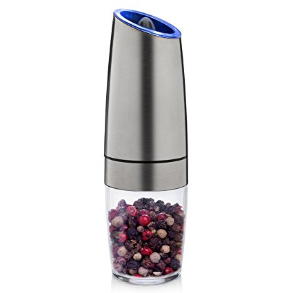 Sterline Gravity Electric Salt and Pepper Grinder with Adjustable Fine Precision Grinding, Battery Powered Salt Shaker Mill or Black Pepper Grinder, Automatic LED Light Activation, Stainless Steel