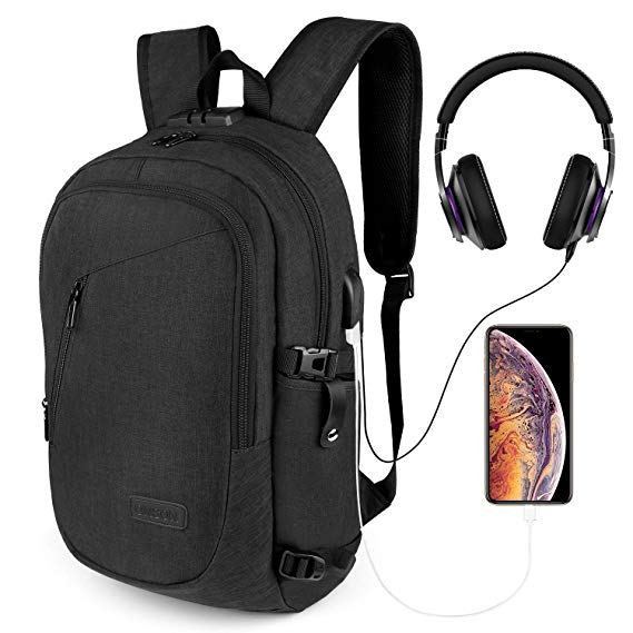 ONSON Anti Theft Laptop Backpack, Business Water Resistant Backpack Travel Computer Bag USB Charging Port & Headphone Interface Men&Women College Student,Fits 17 Inch Laptop Notebook - Black