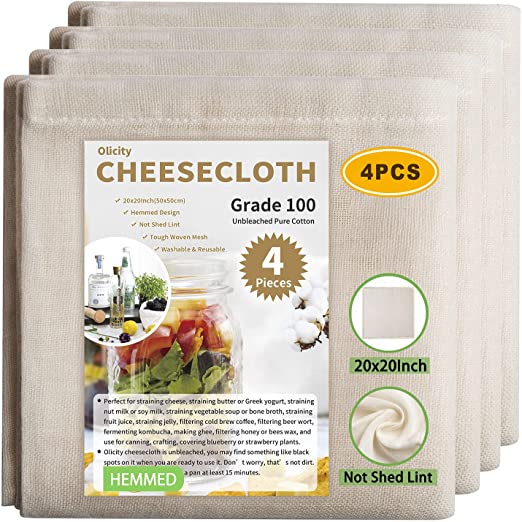 Olicity Cheese Cloth, Grade 100, 20x20Inch Hemmed Cheesecloth for Straining Reusable, 100% Unbleached Precut Cheese Cloths Strainer Muslin Cloth for Cooking, Cold Brew Filtering, Cheese Making - 4 PCS